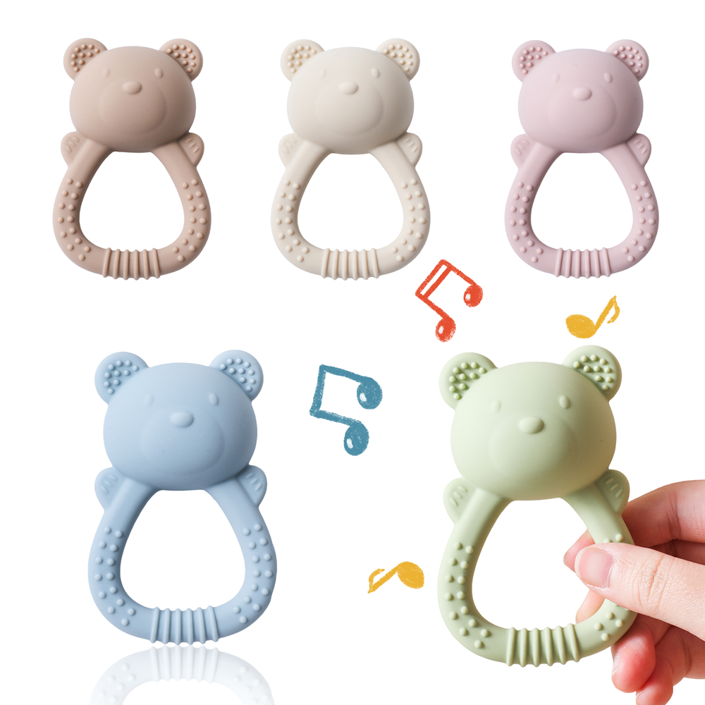 Baby Food Natural - ベビーシリコーンおしゃぶりクマハンドベル食品グレードおしゃぶりおもちゃガラガラ赤ちゃん 0-12 ヶ月シリコーン感覚おもちゃシリコーン歯が生えるおもちゃ