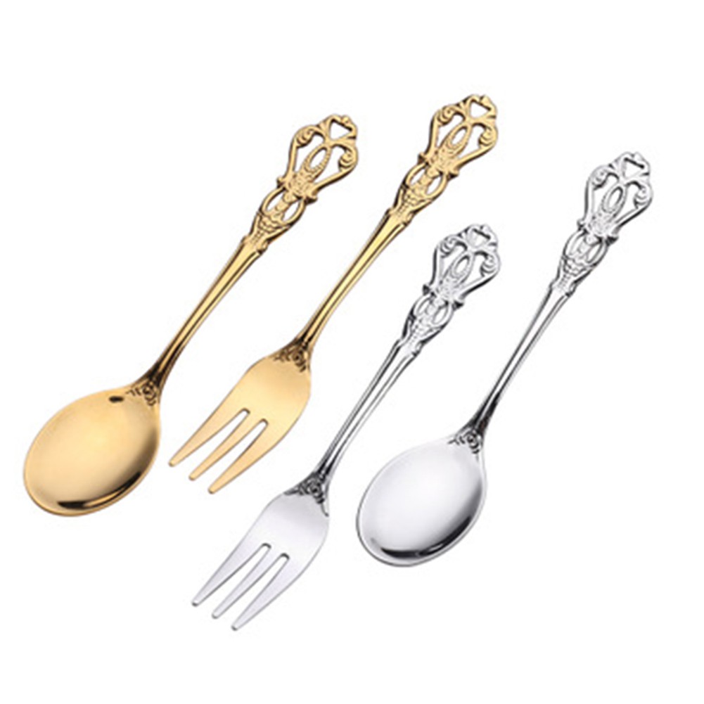 Weaning Spoon Set - 1 ペアヴィンテージゴールドスプーンフォークカトラリーセットステンレス鋼高級デザートスプーンレリーフ中空クラフトキッチン食器