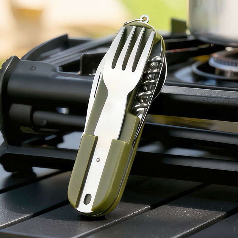 Weaning Spoon Set - 新しいステンレス鋼 7In1 キャンプカトラリーセット - ピクニックハイキング用フォークスプーンナイフ付き折りたたみ式多機能アウトドア食器