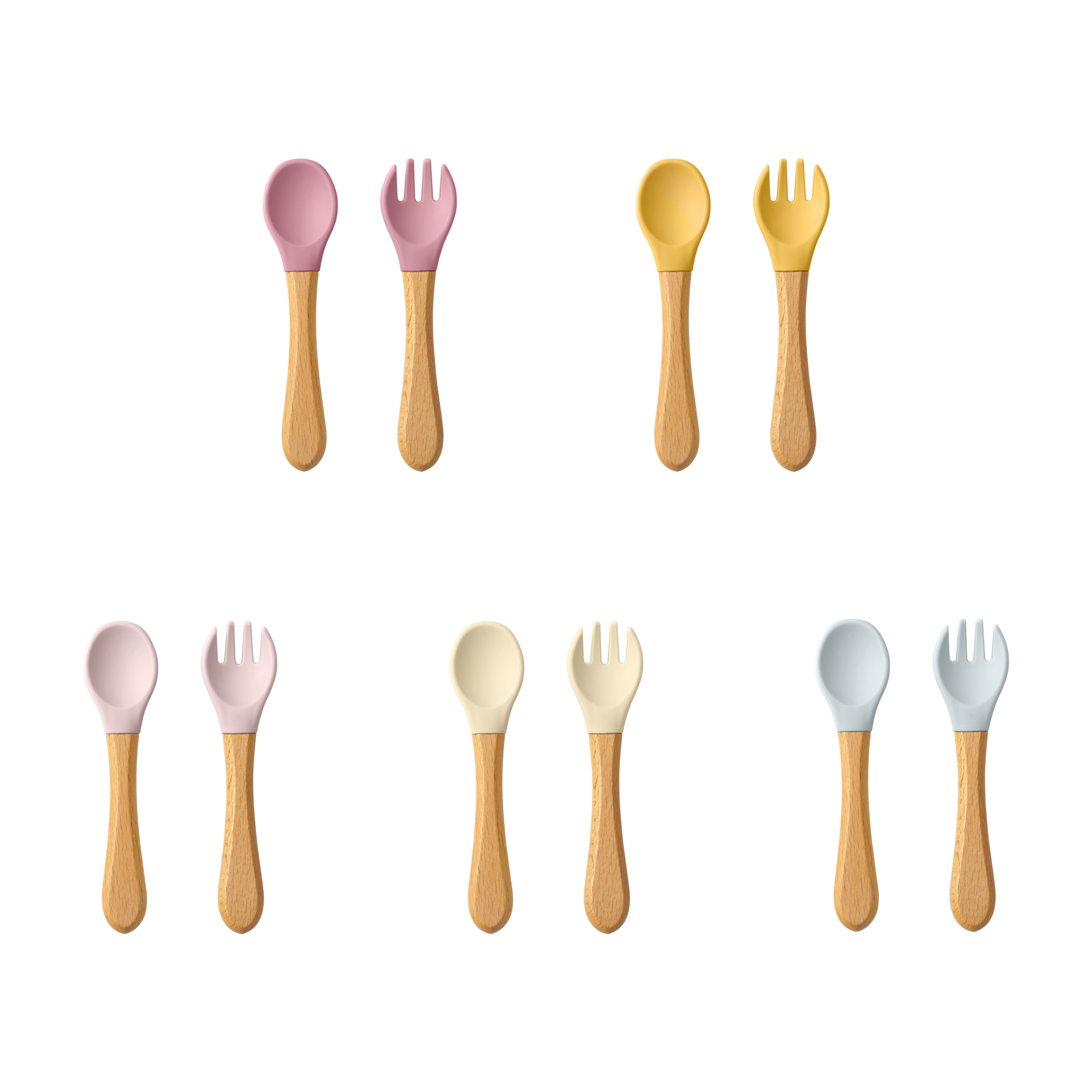 Baby Food Category - 2 個ベビー学習スプーン食器セット食品グレードの木製ハンドルシリコーンスプーンフォークカトラリートレーニングスプーン給餌食器