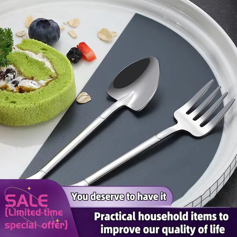 Weaning Spoon Set - 厚いシャベルスプーンステンレス鋼ティースプーンクリエイティブコーヒースプーンアイスクリームデザートスクープ食器セットフルーツフォーク