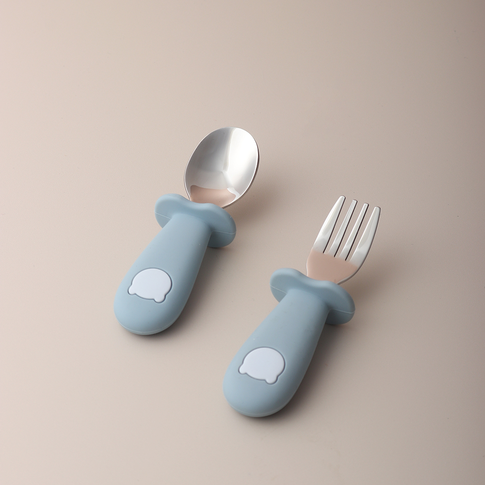 Baby Food Utensil - ベビーパンダ型シリコンスプーンとフォーク ステンレス製ベビー用食器スプーン